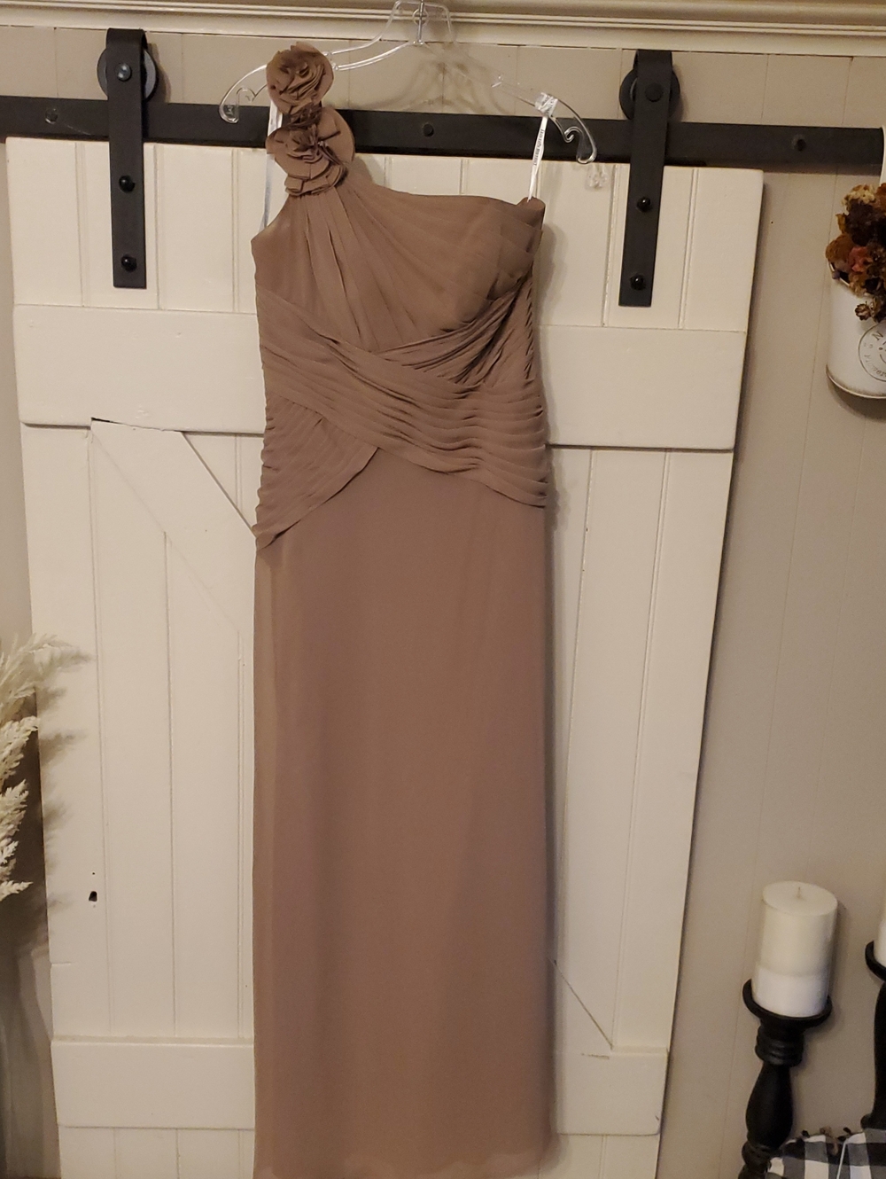 One-Shoulder Taupe Dress with Floral Accent